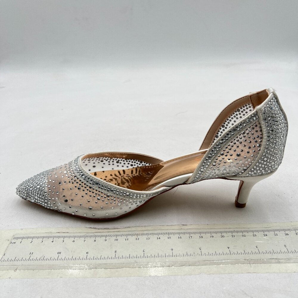 XYD Silver Pointed Toe D'Orsay Kitten Heel Rhinestone Studs Slip-On Pump - Picture 2 of 8